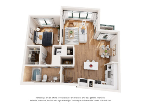 3D floor plan of a one-bedroom apartment with a living room, kitchen, dining area, bathroom, bedroom, balcony, and washer/dryer closet, featuring wood floors and modern furnishings.