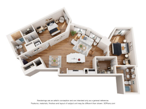 3D floor plan of an apartment with two bedrooms, two bathrooms, a kitchen, dining area, living room, and balconies. Rooms are furnished, and wood flooring is visible throughout most of the space.