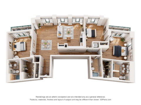 3D floor plan of a three-bedroom, two-bath apartment with a kitchen, dining and living area, and multiple closets. Bedrooms and bathrooms are located on the sides; main living area is in the center with large windows.