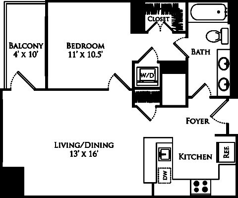 A1A floor plan with 1 bed, 1 bath and is 766 square feet