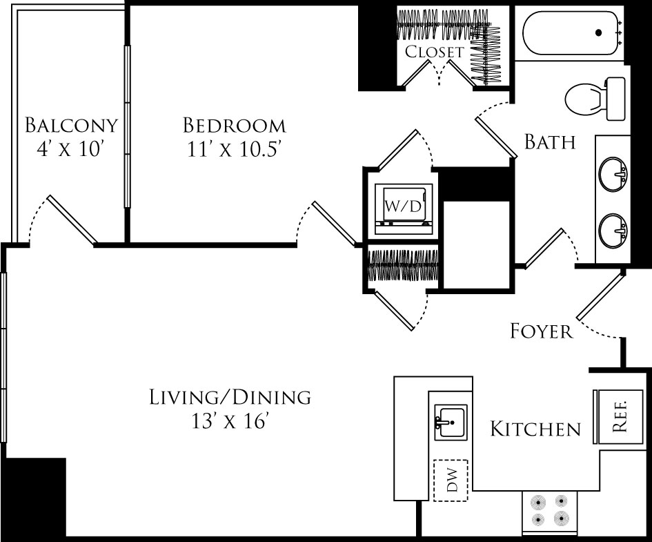 A1A floor plan with 1 bed, 1 bath and is 766 square feet