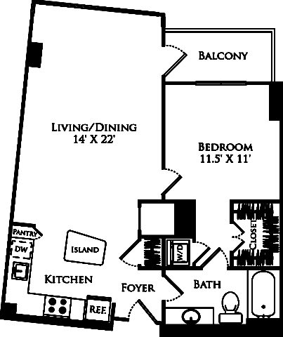 A1B floor plan with 1 bed, 1 bath and is 766 square feet