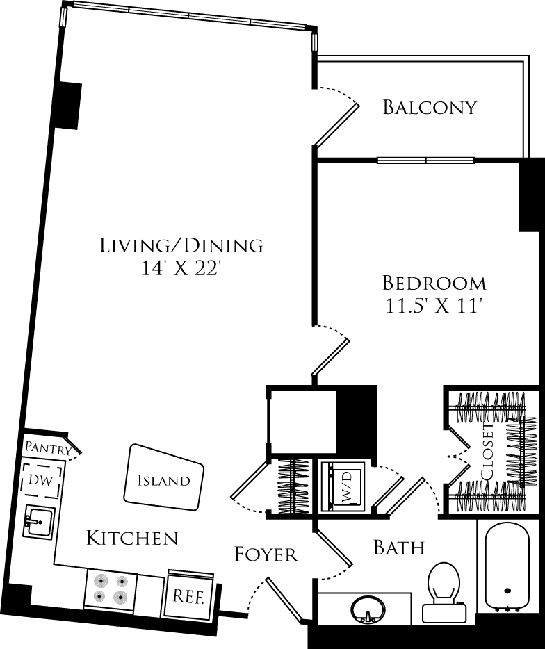 A1B floor plan with 1 bed, 1 bath and is 766 square feet