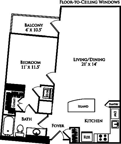 A1C floor plan with 1 bed, 1 bath and is 767 square feet