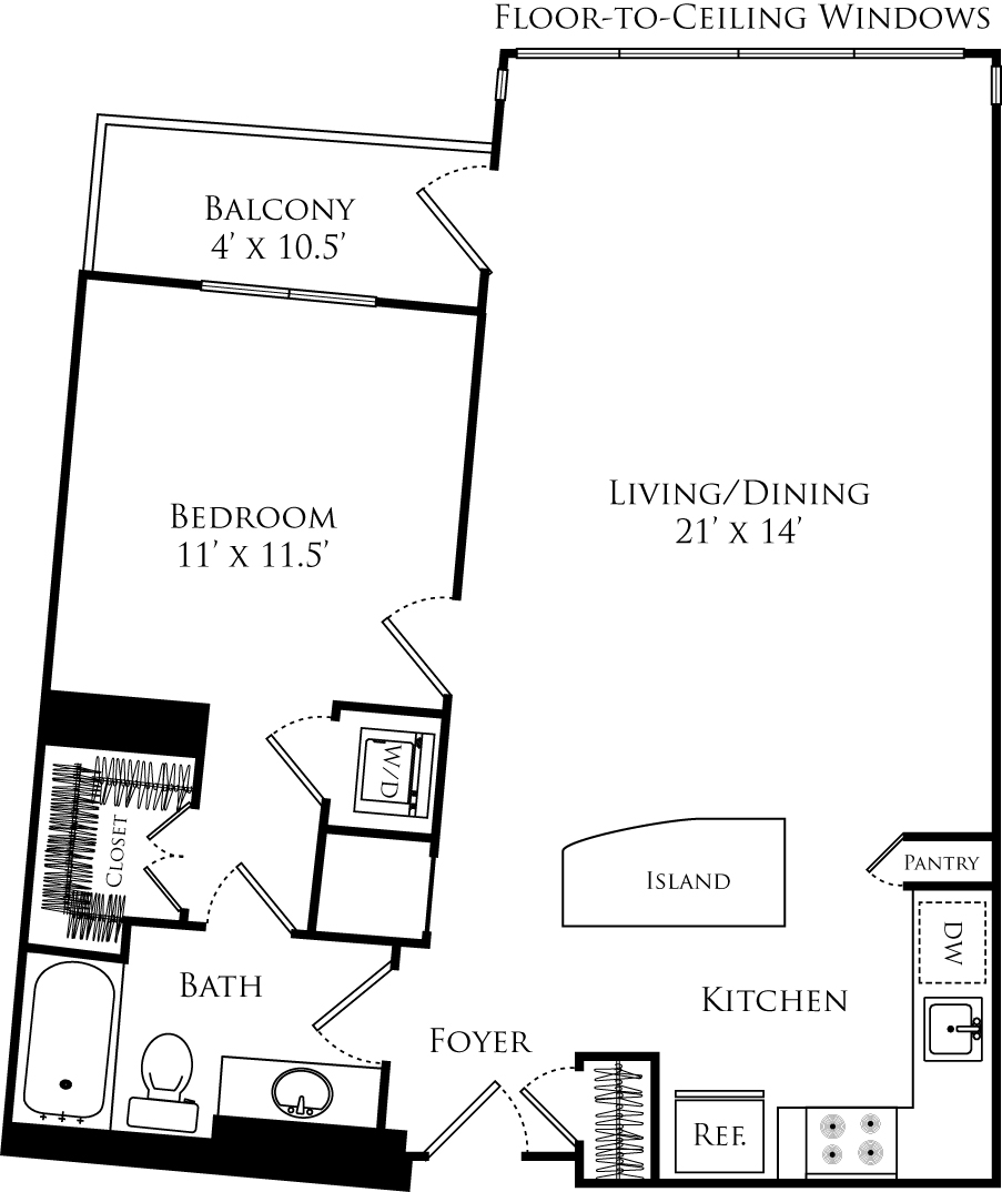 A1C floor plan with 1 bed, 1 bath and is 767 square feet