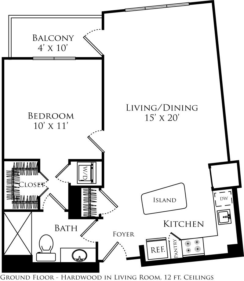 A1D floor plan with 1 bed, 1 bath and is 773 square feet