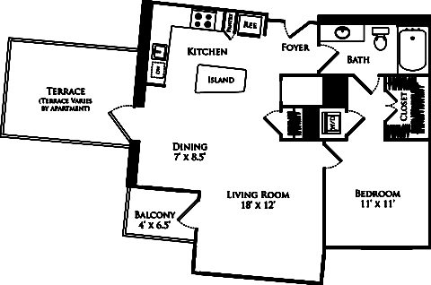 A1E floor plan with 1 bed, 1 bath and is 783 square feet