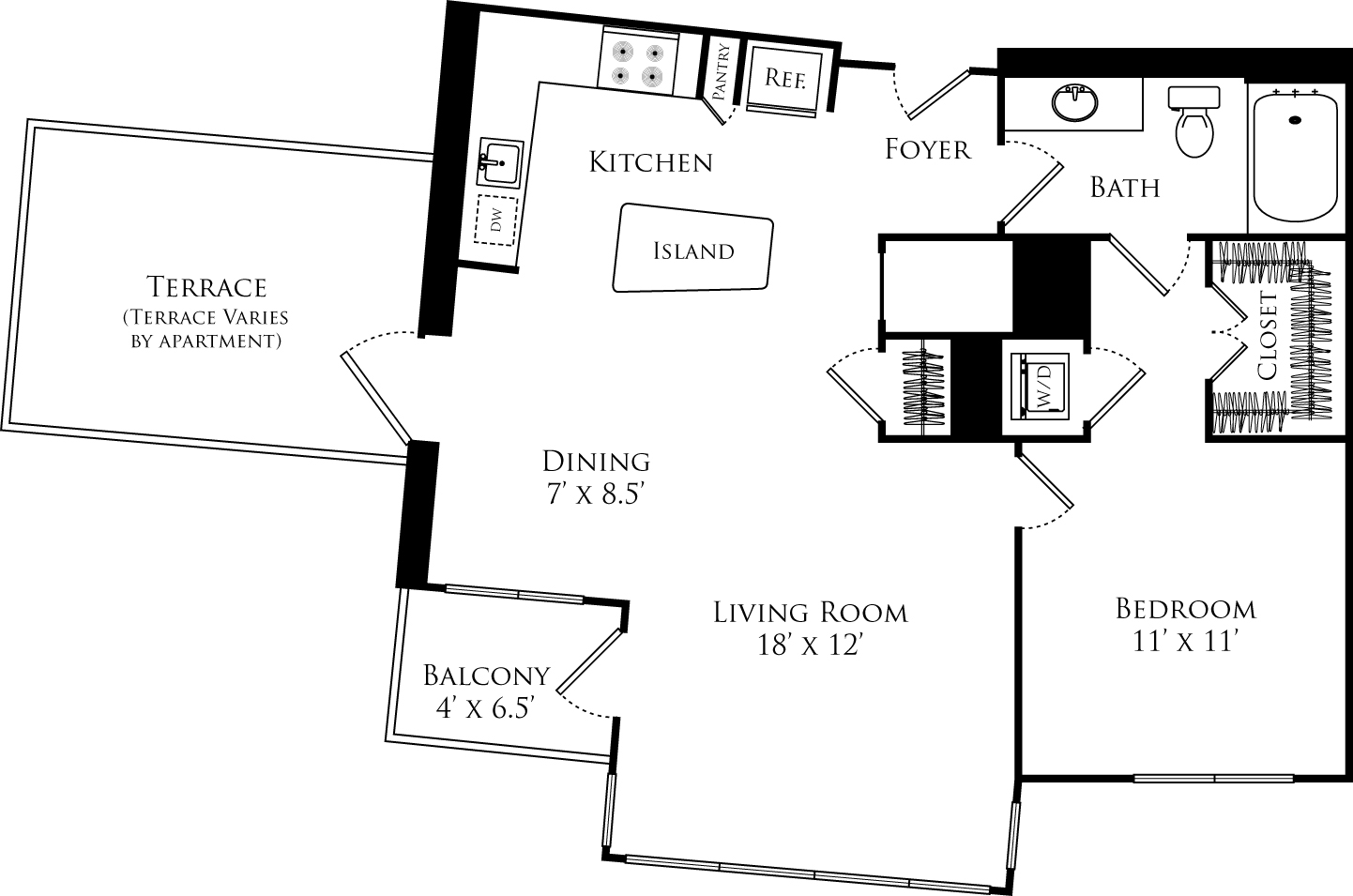 A1E floor plan with 1 bed, 1 bath and is 783 square feet