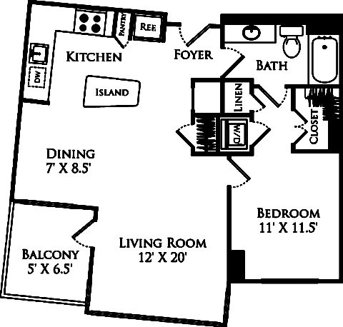 A1F floor plan with 1 bed, 1 bath and is 785 square feet