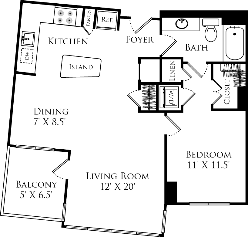 A1F floor plan with 1 bed, 1 bath and is 785 square feet