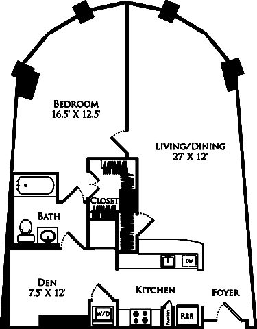 A1G floor plan with 1 bed, 1 bath and is 950 square feet