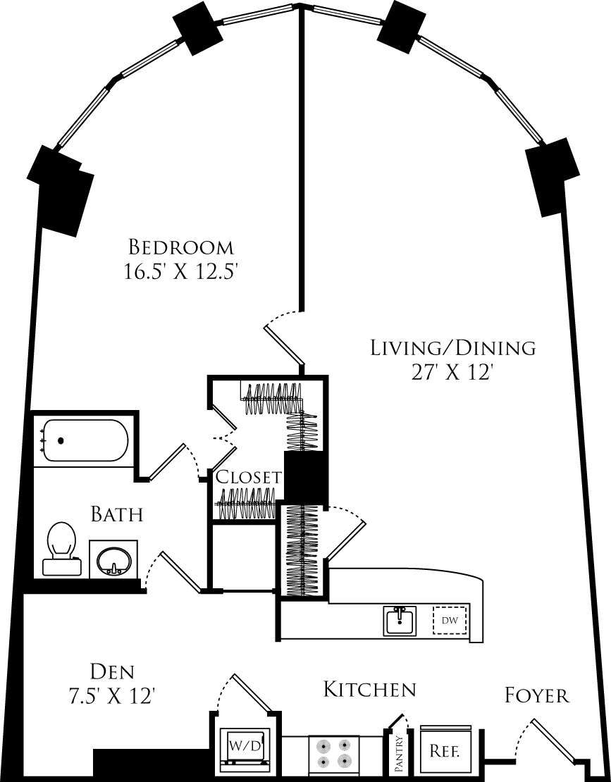 A1G floor plan with 1 bed, 1 bath and is 950 square feet