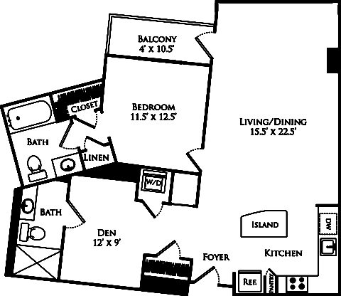 A2B floor plan with 1 bed, 1 den, 2 baths and is 974 square feet