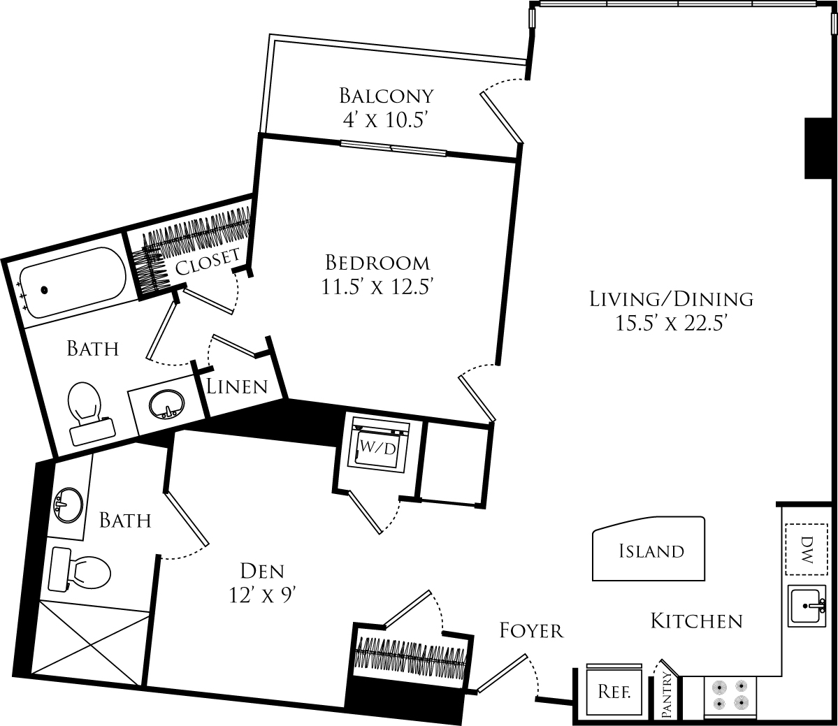 A2B floor plan with 1 bed, 1 den, 2 baths and is 974 square feet
