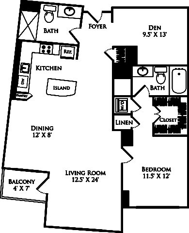 A2D+ Den floor plan with 1 bed, 1 den, 2 baths and is 1148 square feet