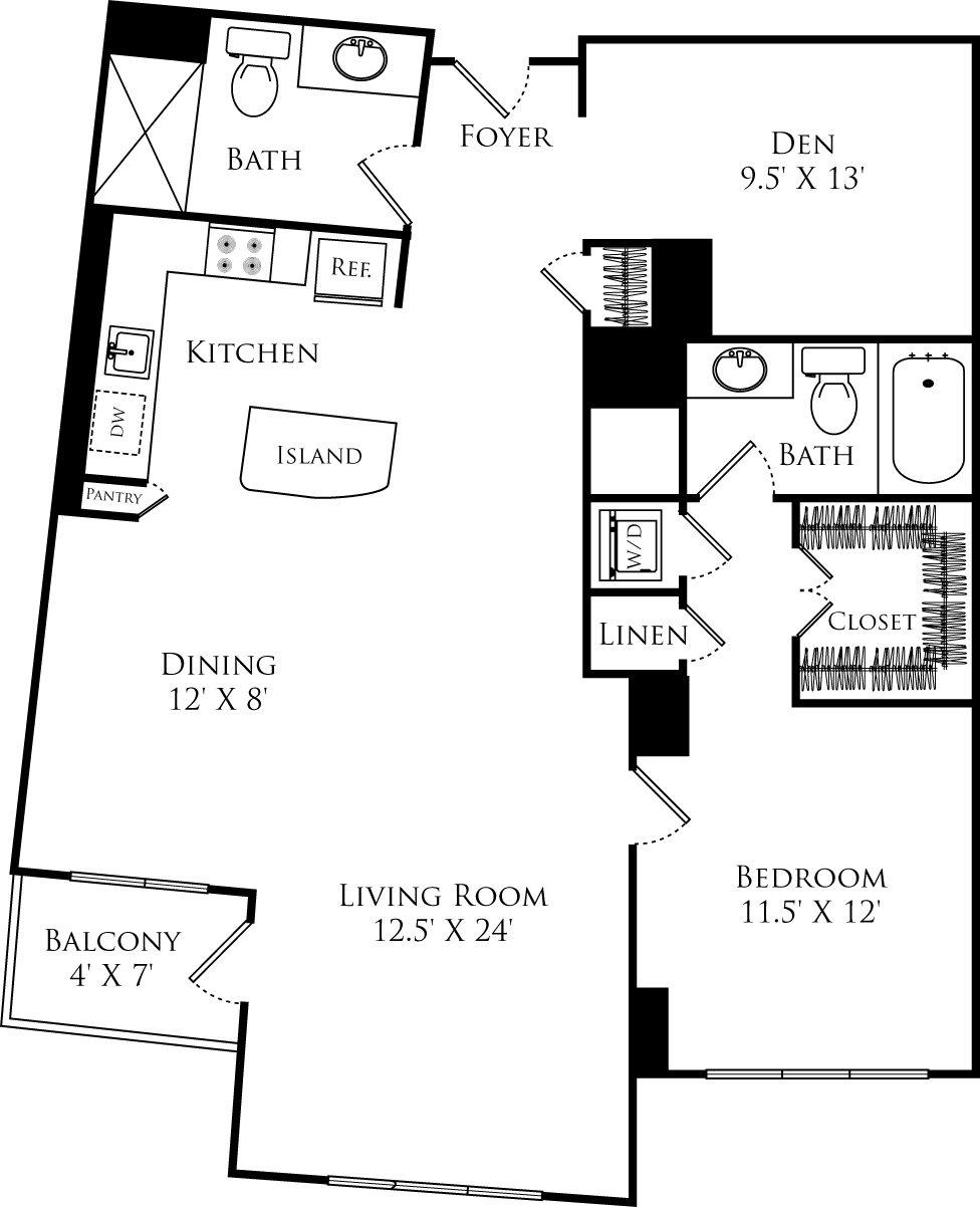 A2D+ Den floor plan with 1 bed, 1 den, 2 baths and is 1148 square feet