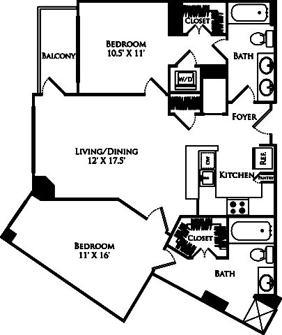 B2A floor plan with 2 beds, 2 baths and is 1016 square feet