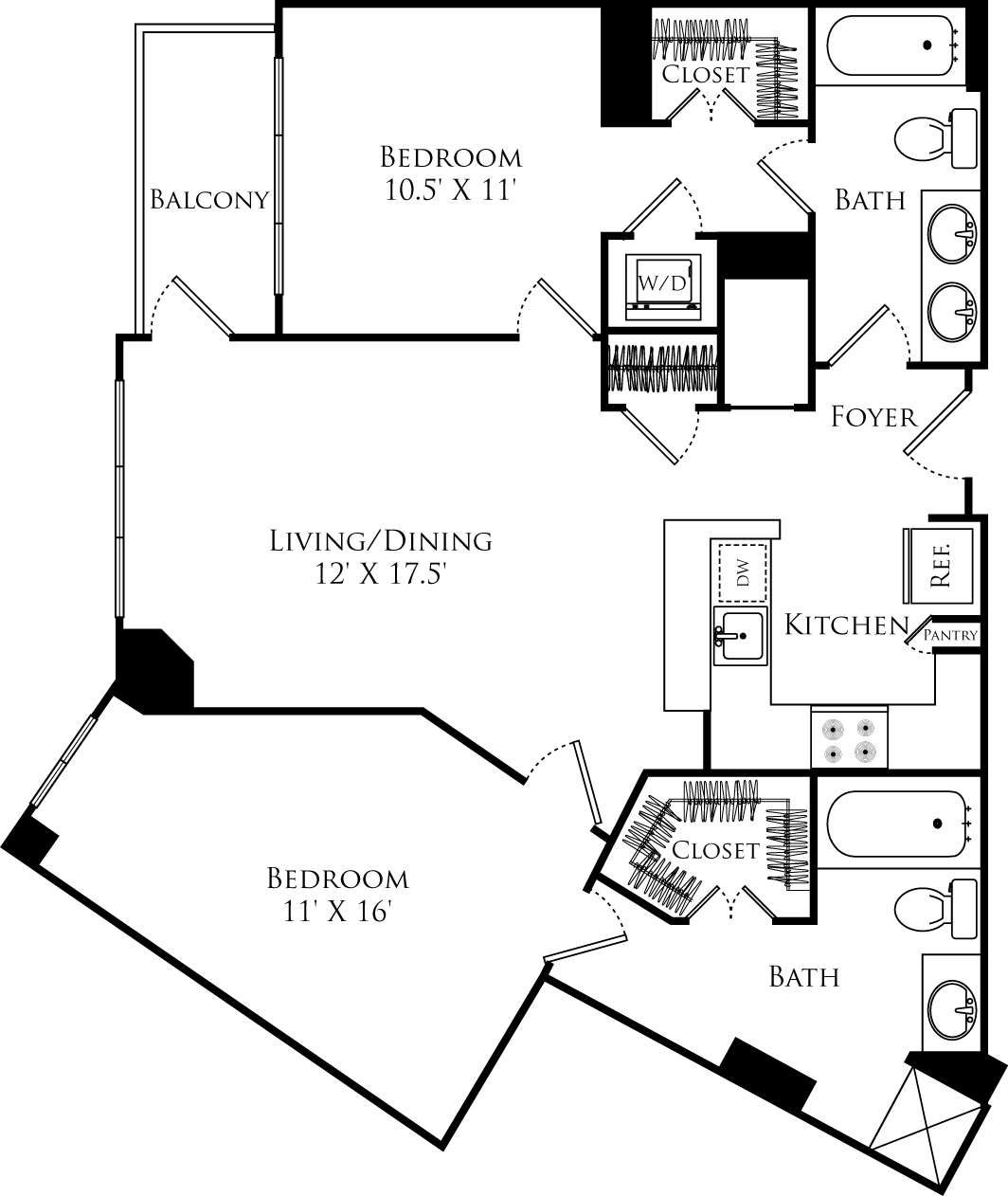 B2A floor plan with 2 beds, 2 baths and is 1016 square feet