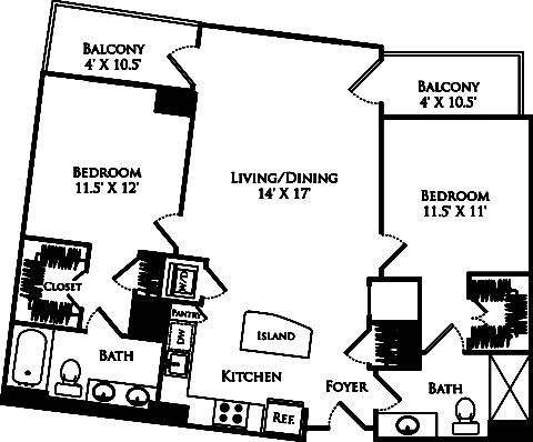 B2B floor plan with 2 beds, 2 baths and is 1067 square feet