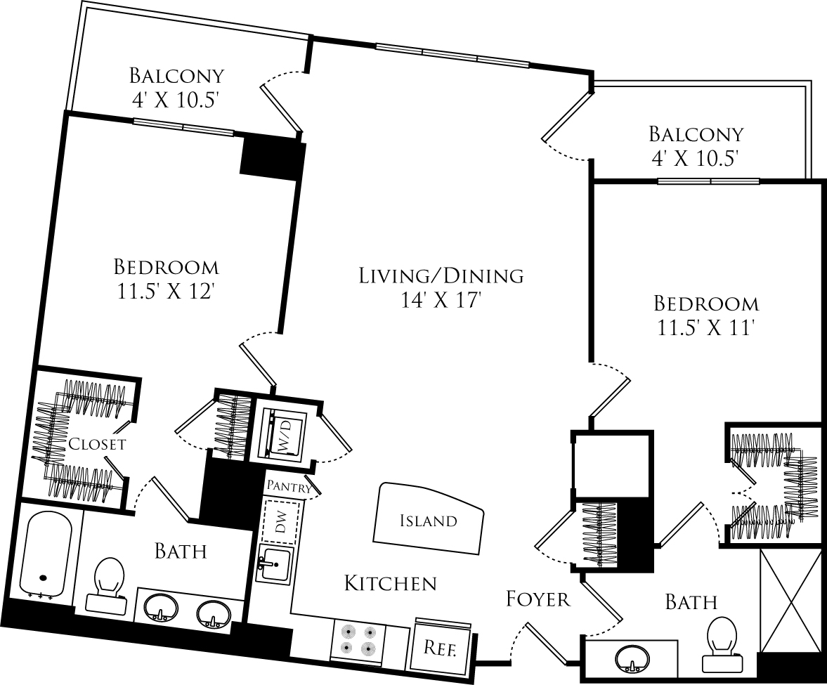 B2B floor plan with 2 beds, 2 baths and is 1067 square feet
