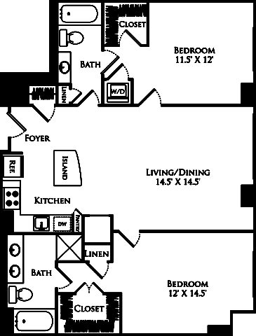 B2C floor plan with 2 beds, 2 baths and is 1084 square feet