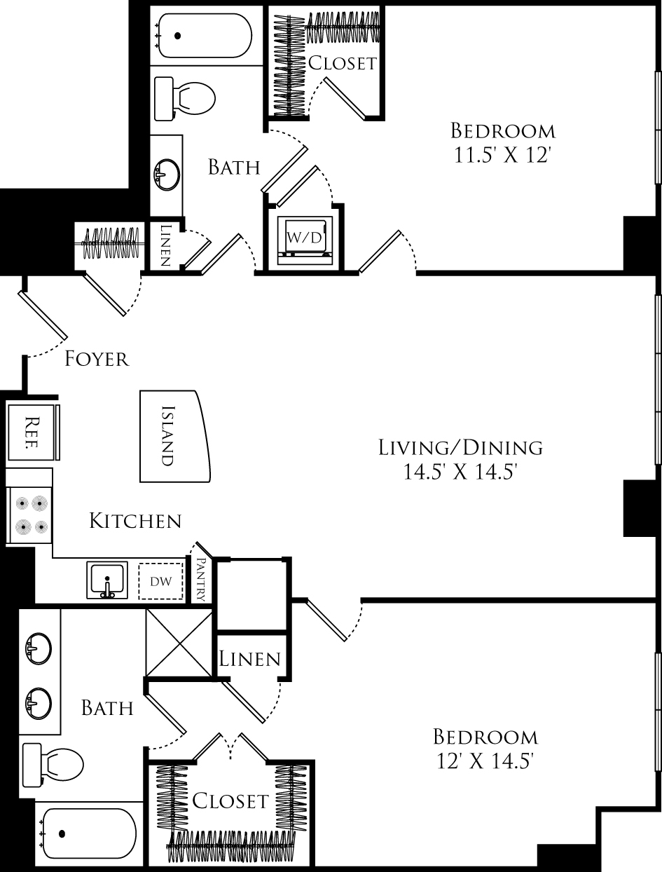 B2C floor plan with 2 beds, 2 baths and is 1084 square feet