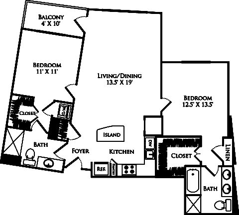 B2E floor plan with 2 beds, 2 baths, and is 1118 square feet