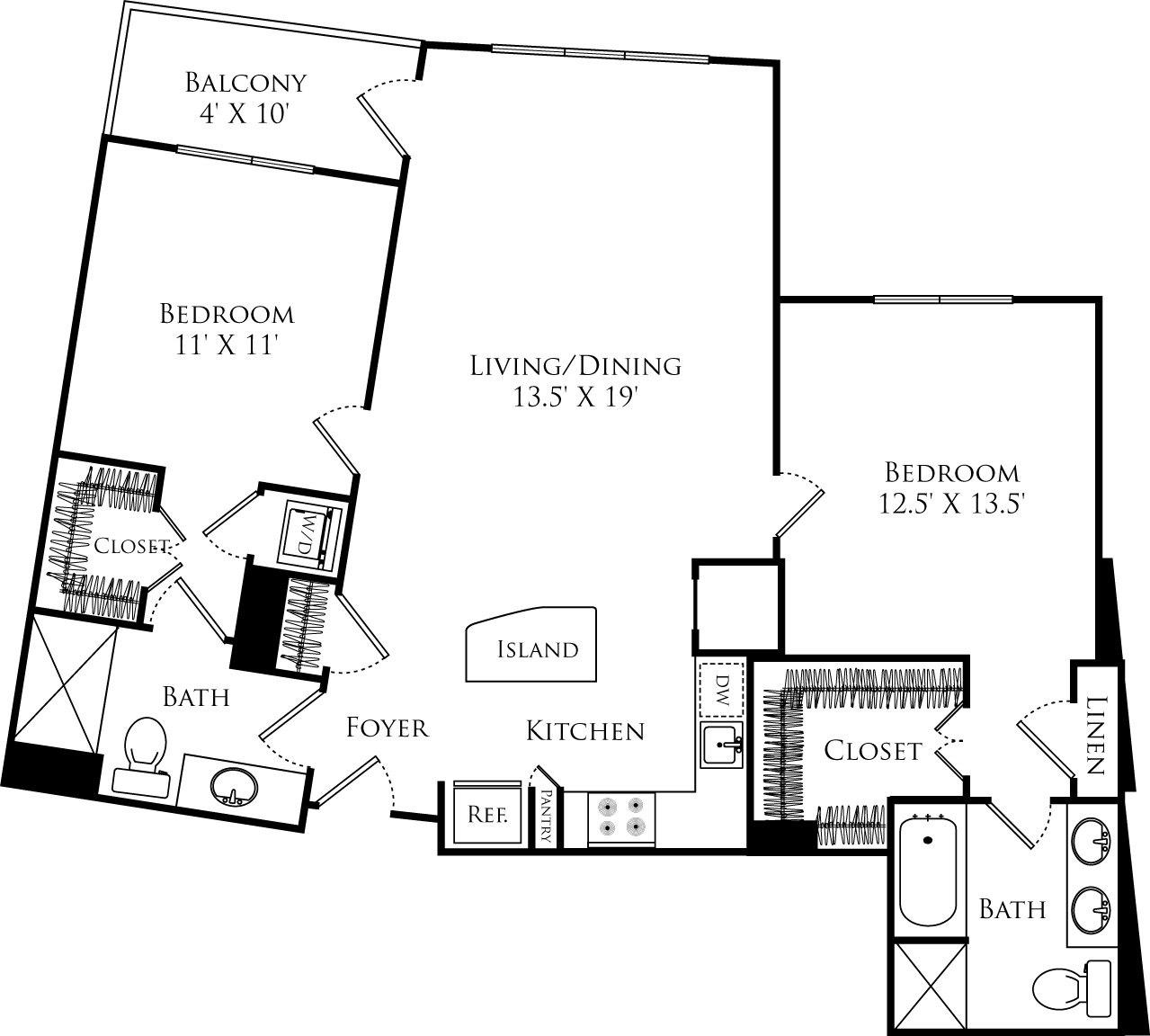 B2E floor plan with 2 beds, 2 baths, and is 1118 square feet
