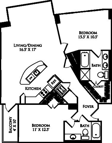 B2G floor plan with 2 beds, 2 baths and is 1158 square feet