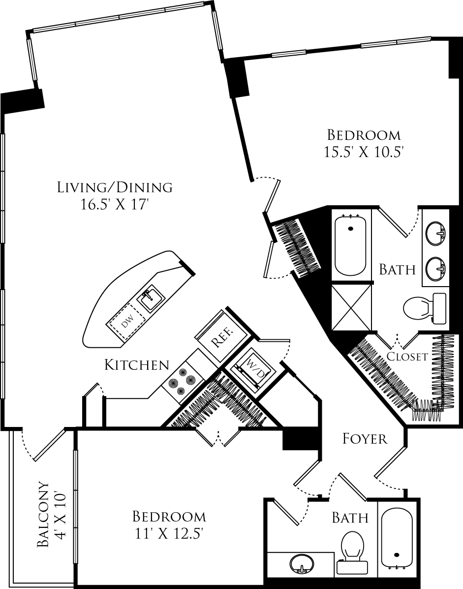 B2G floor plan with 2 beds, 2 baths and is 1158 square feet
