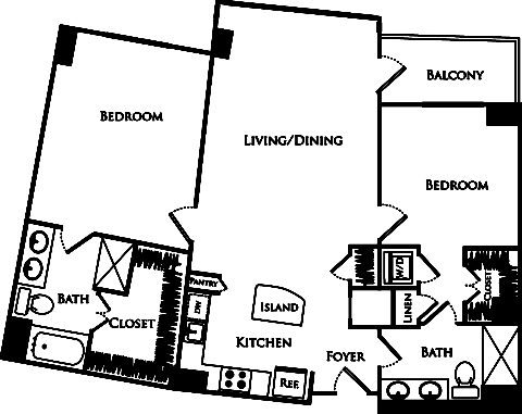 B2H floor plan with 2 beds, 2 baths and is 1158 square feet