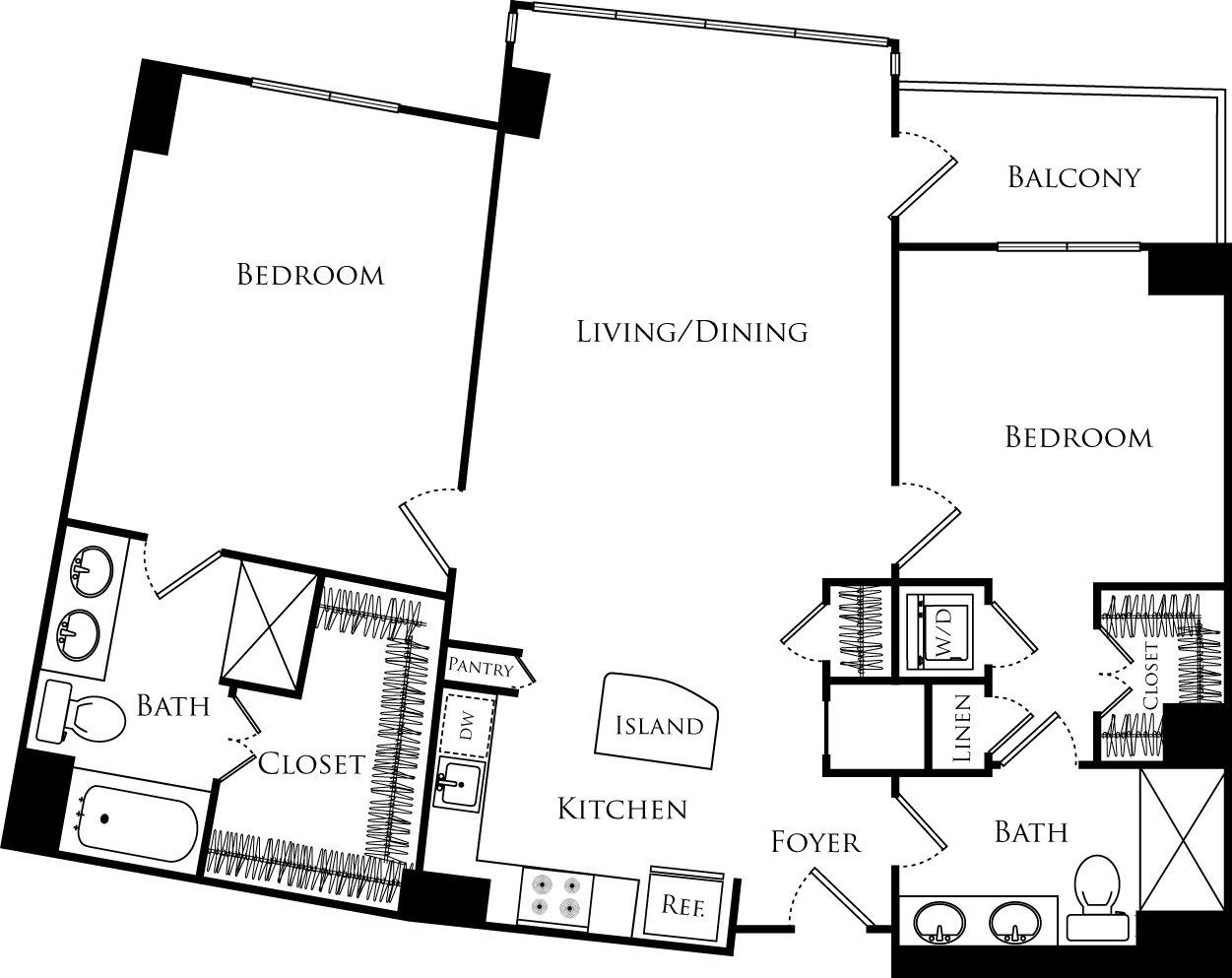 B2H floor plan with 2 beds, 2 baths and is 1158 square feet