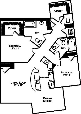 B2I floor plan with 2 beds, 2 baths and is 1162 square feet