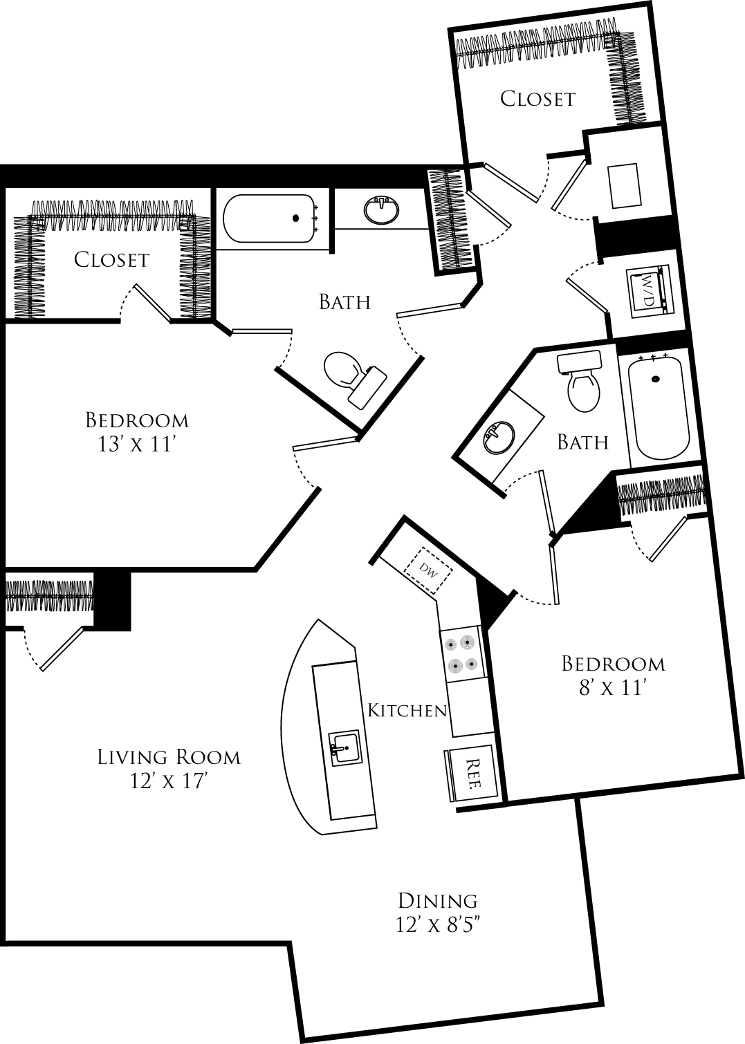 B2I floor plan with 2 beds, 2 baths and is 1162 square feet