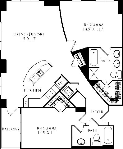 B2K floor plan with 2 beds and 2 baths