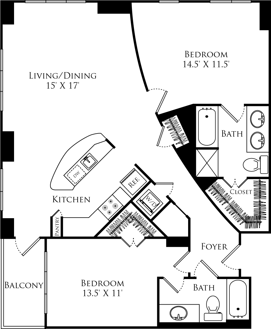 B2K floor plan with 2 beds and 2 baths