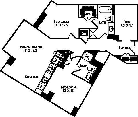 B2L+Den floor plan with 2 beds, 2 baths and is 1178 square feet
