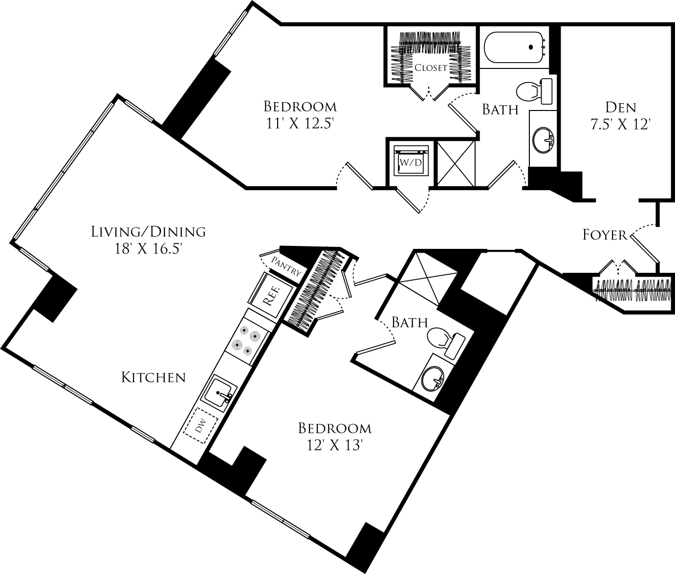 B2L+Den floor plan with 2 beds, 2 baths and is 1178 square feet