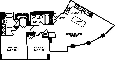 B2M floor plan with 2 beds, 2 baths and is 1188 square feet