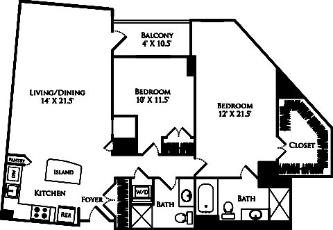 B2P floor plan with 2 beds, 2 baths and is 1256 square feet