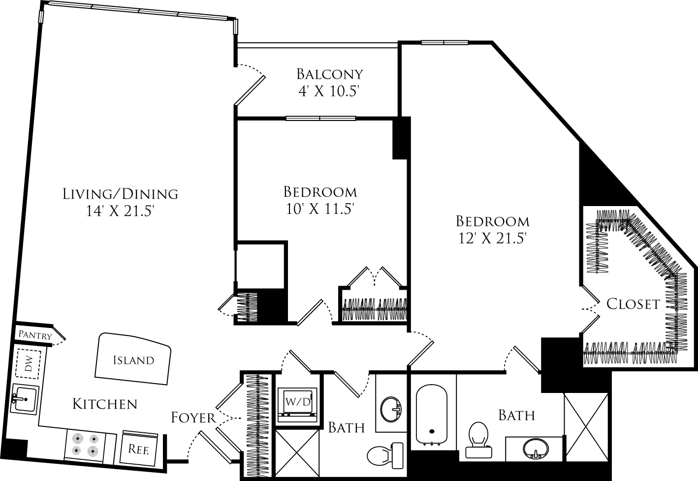 B2P floor plan with 2 beds, 2 baths and is 1256 square feet