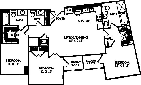 C3A floor plan with 3 beds, 2.5 baths and is 1295 square feet