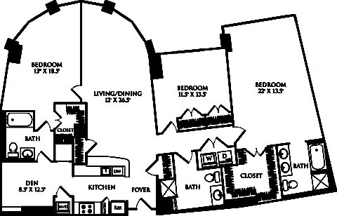 C3H + den floor plan with 3 beds, 3 baths and is 1811 square feet