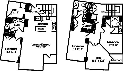 D3A + den floor plan is 3 beds, 3 baths and is 2300 square feet