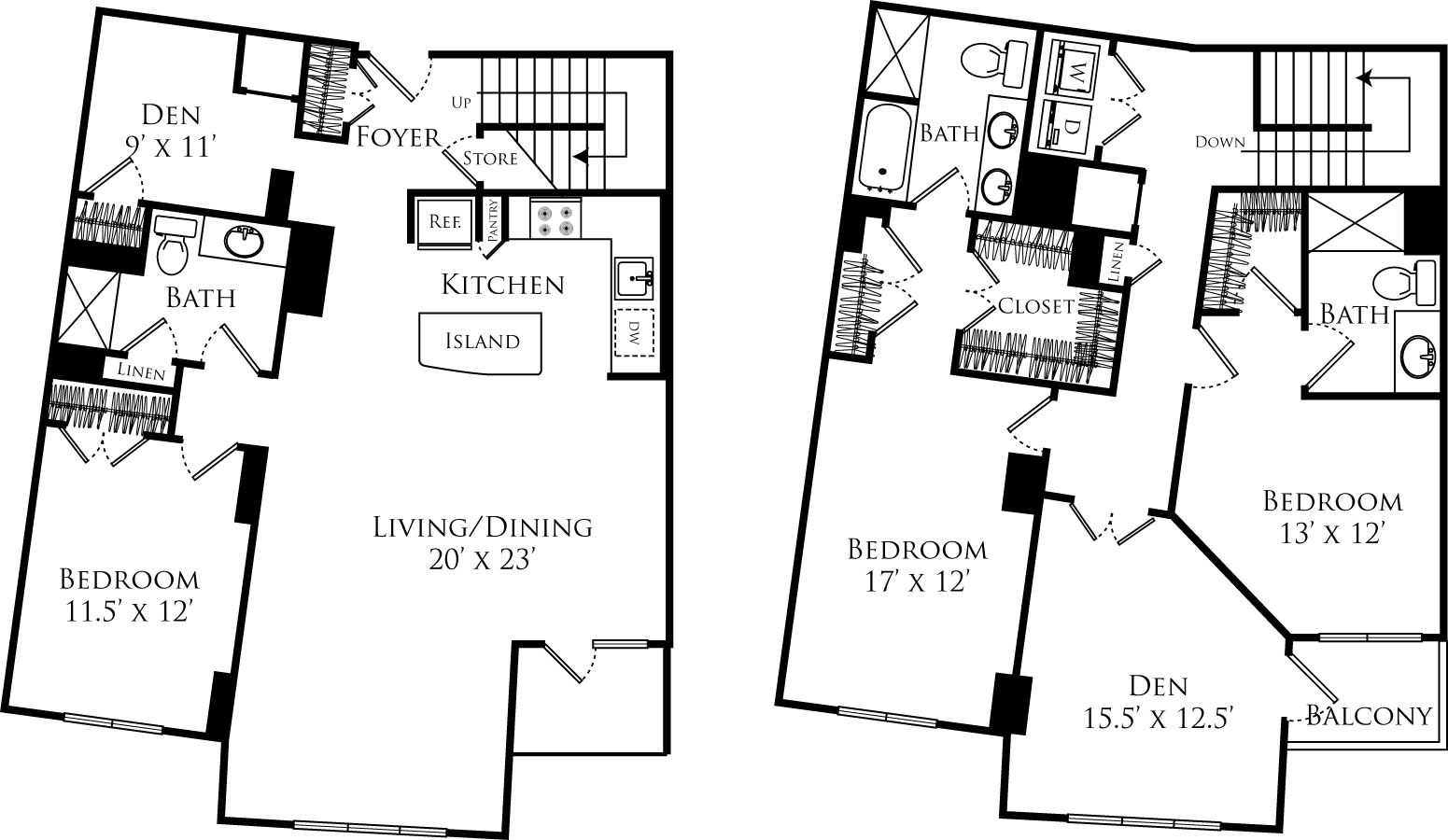 D3A + den floor plan is 3 beds, 3 baths and is 2300 square feet