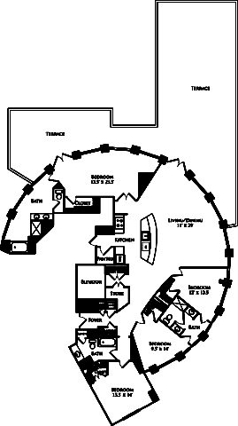 D3B penthouse floor plan is 4 beds, 3 baths and is 2542 square feet