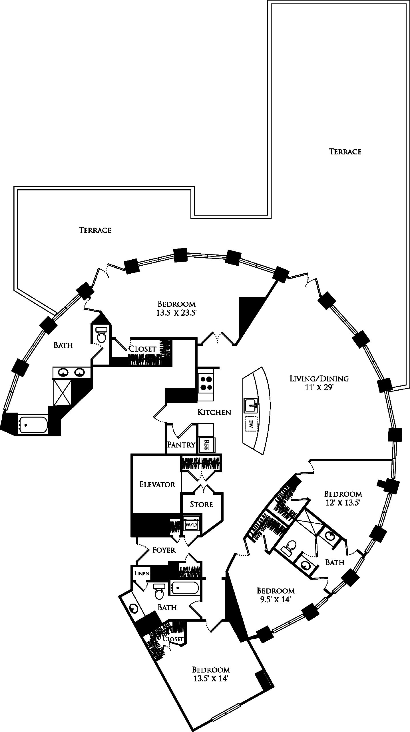 D3B penthouse floor plan is 4 beds, 3 baths and is 2542 square feet
