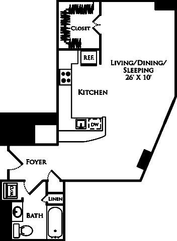 S1B floor plan is a studio, 1 bath and is 615 square feet