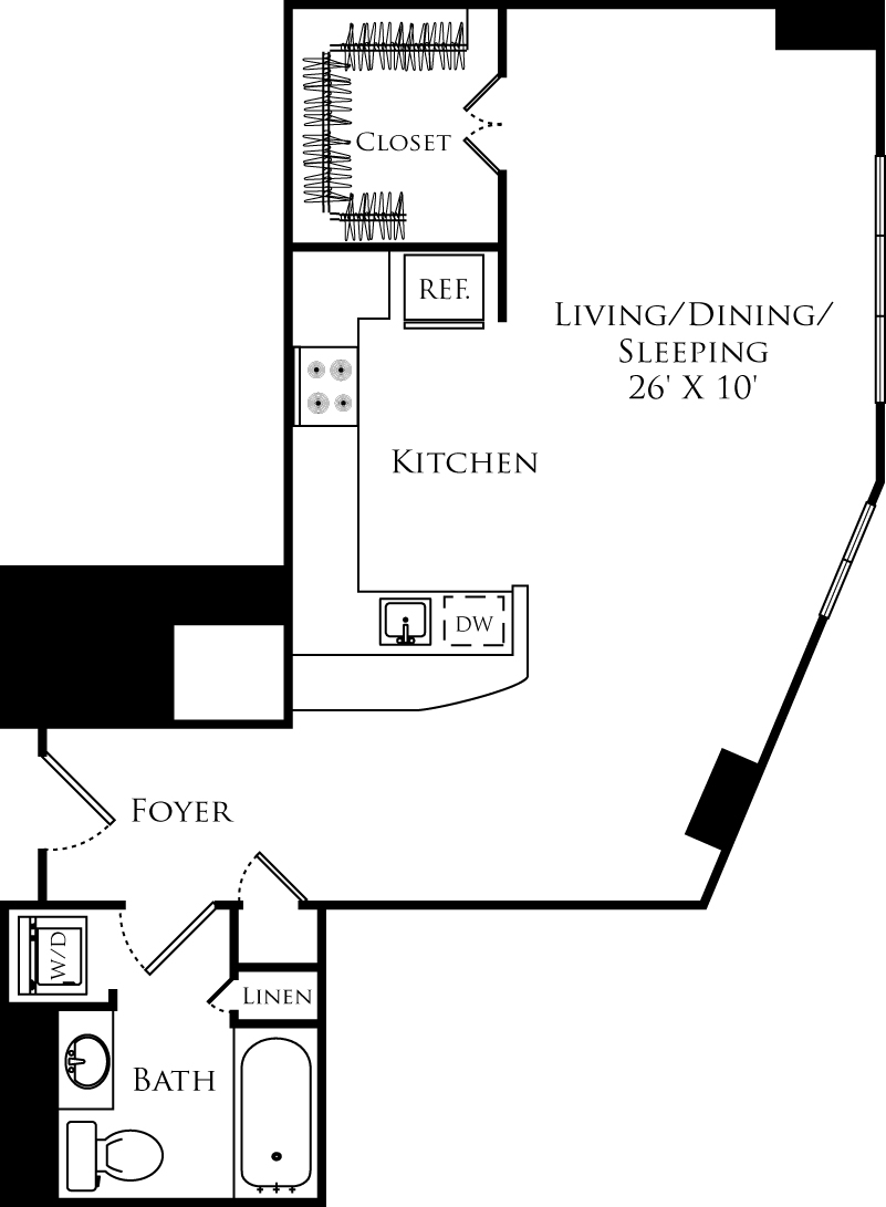 S1B floor plan is a studio, 1 bath and is 615 square feet