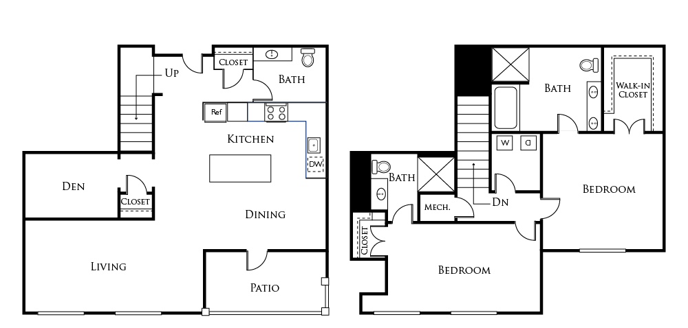 B3A floor plan with 2 beds, 2 baths + den and is 1630 square feet